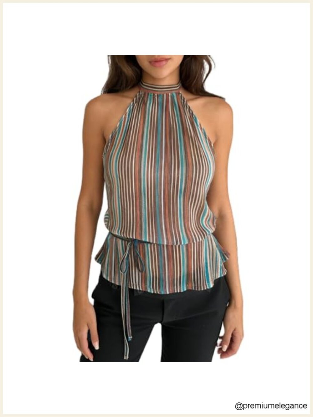 Women's Sheer Pleated Halter Top Peplum with Belt Sleeveless Open Back